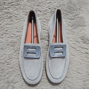 Hogan Light Gray Suede Loafers with Silver Buckle
